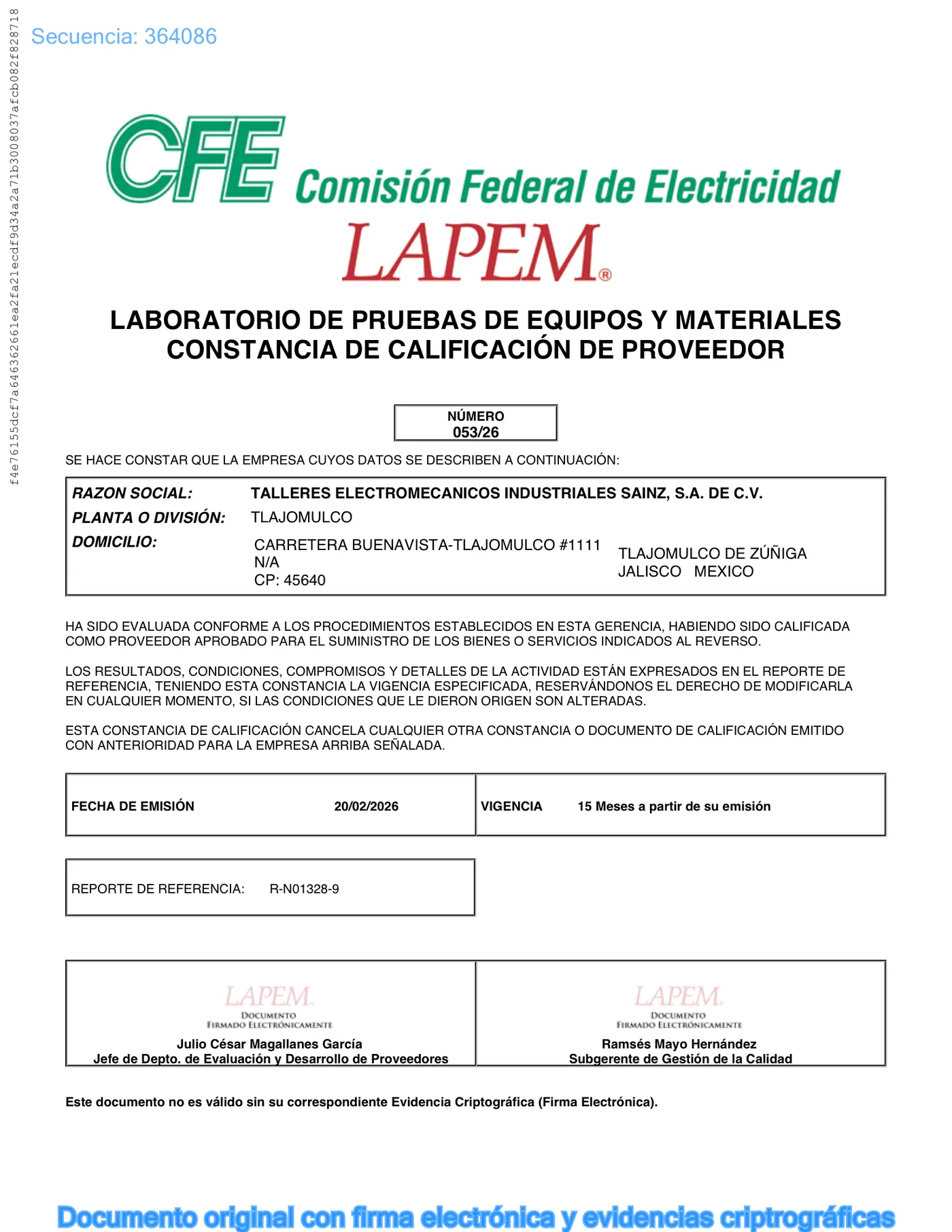 Constancia de calificación de proveedor CFE LAPEM número 053/26 de Talleres Electromecánicos Industriales Sainz, vigente hasta el 20 de mayo de 2027